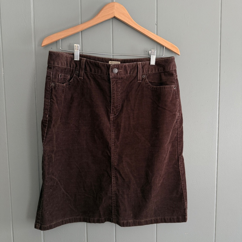 L L Bean Womens Brown Corduroy Straight Skirt Sz 12 90s Office Granola Girl